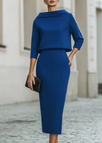 Evelyn | Women's Two-Piece Set Crepe Boat Neck Midi Skirt Office