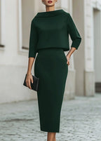Evelyn | Women's Two-Piece Set Crepe Boat Neck Midi Skirt Office