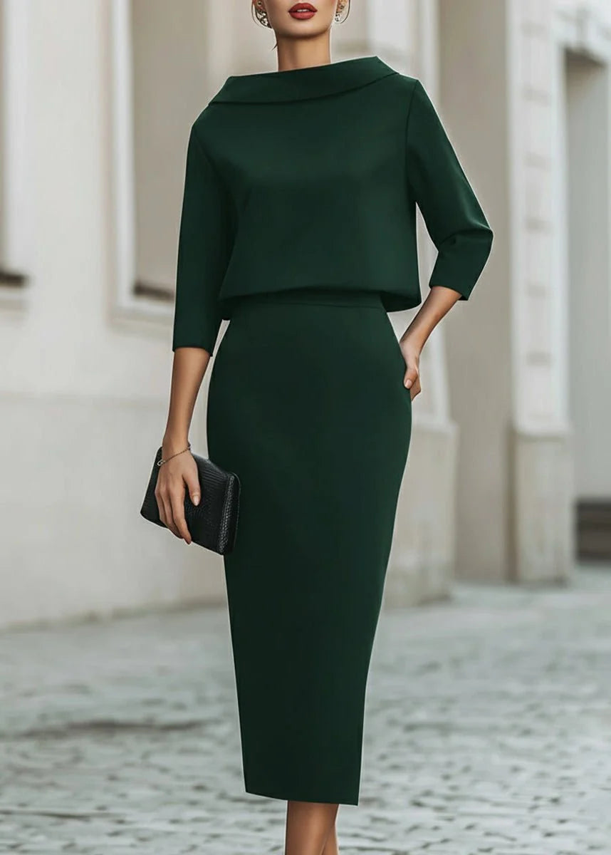 Evelyn | Women's Two-Piece Set Crepe Boat Neck Midi Skirt Office