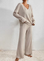 Hazel | Women's Knit Two-Piece Set V-Neck Sweater Ribbed