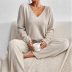 Hazel | Women's Knit Two-Piece Set V-Neck Sweater Ribbed