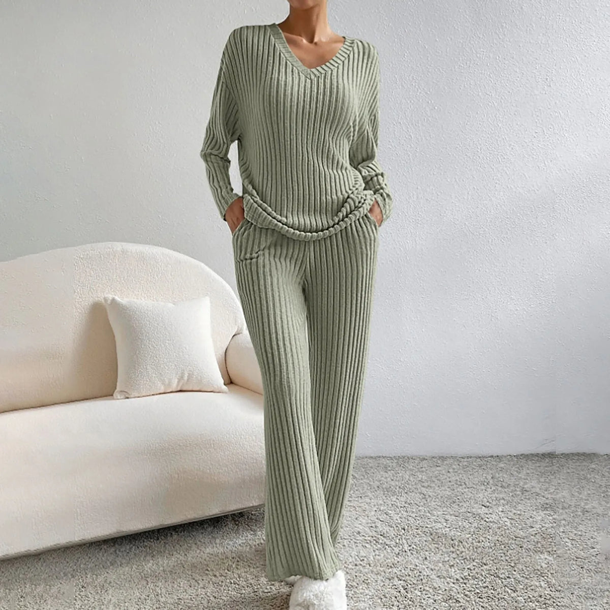 Hazel | Women's Knit Two-Piece Set V-Neck Sweater Ribbed