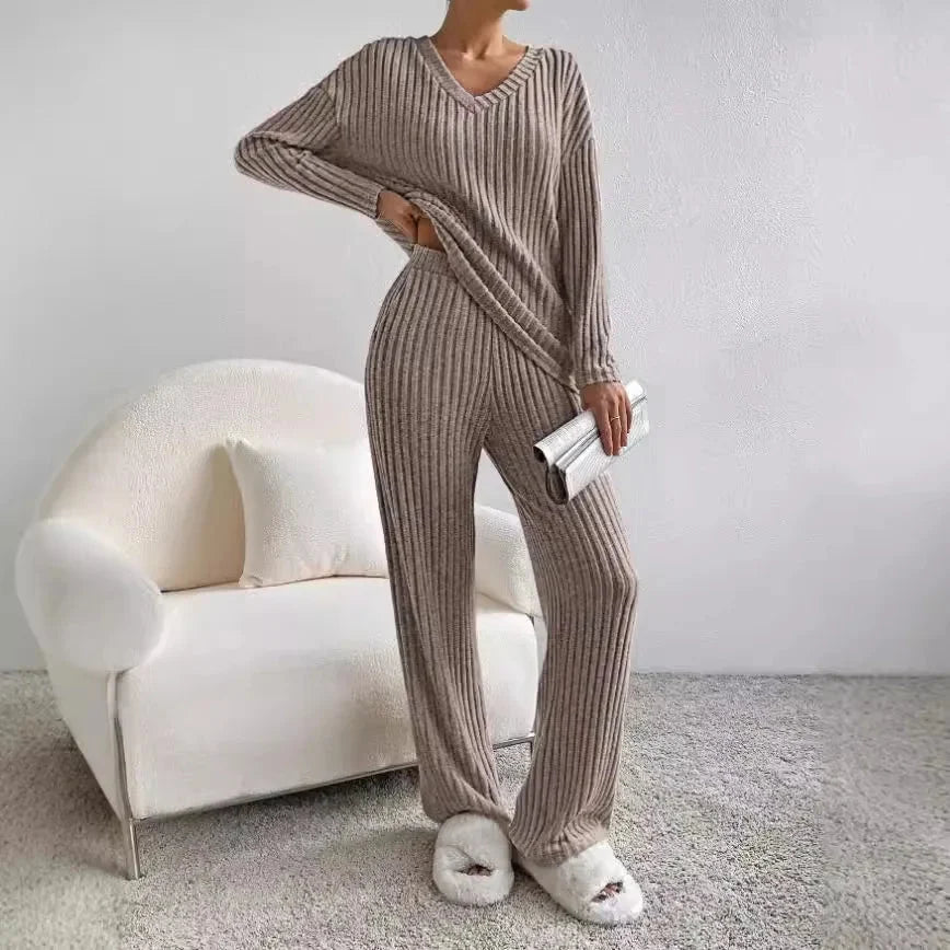 Hazel | Women's Knit Two-Piece Set V-Neck Sweater Ribbed