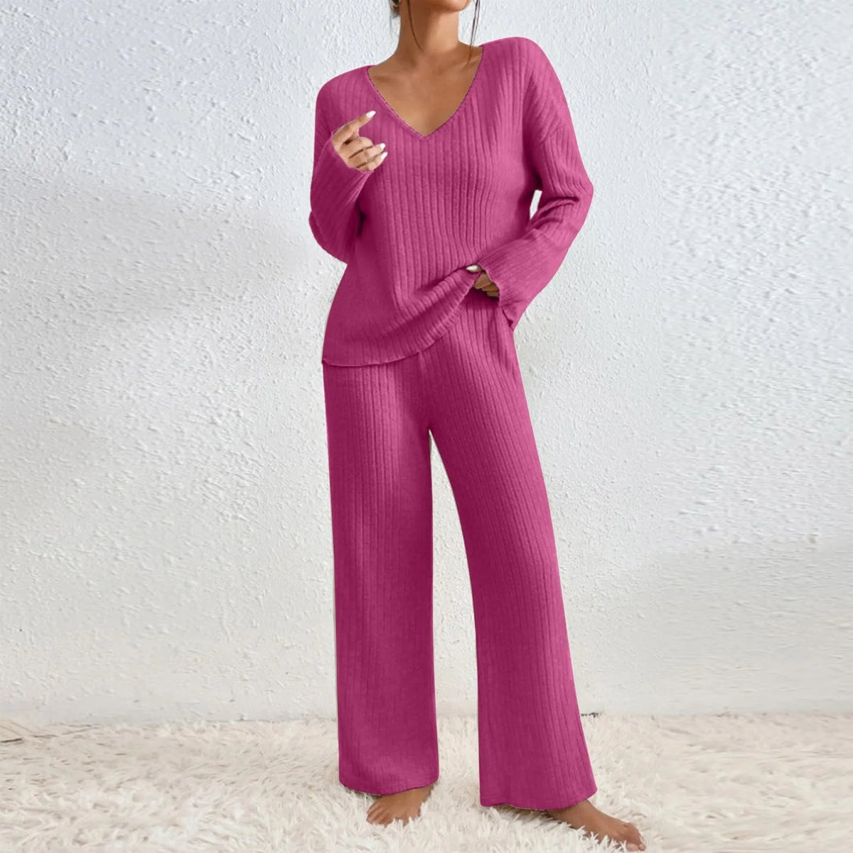 Hazel | Women's Knit Two-Piece Set V-Neck Sweater Ribbed
