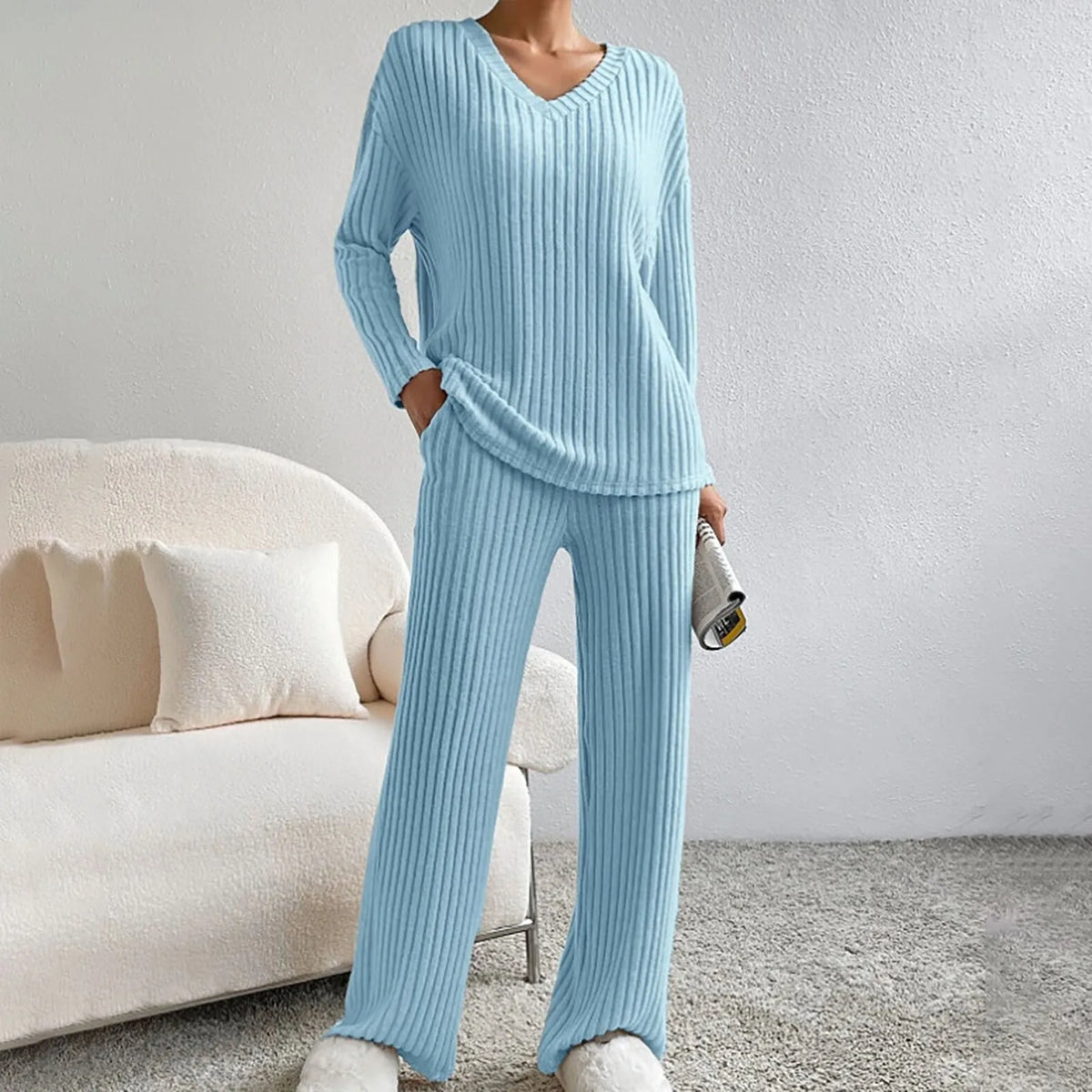 Hazel | Women's Knit Two-Piece Set V-Neck Sweater Ribbed