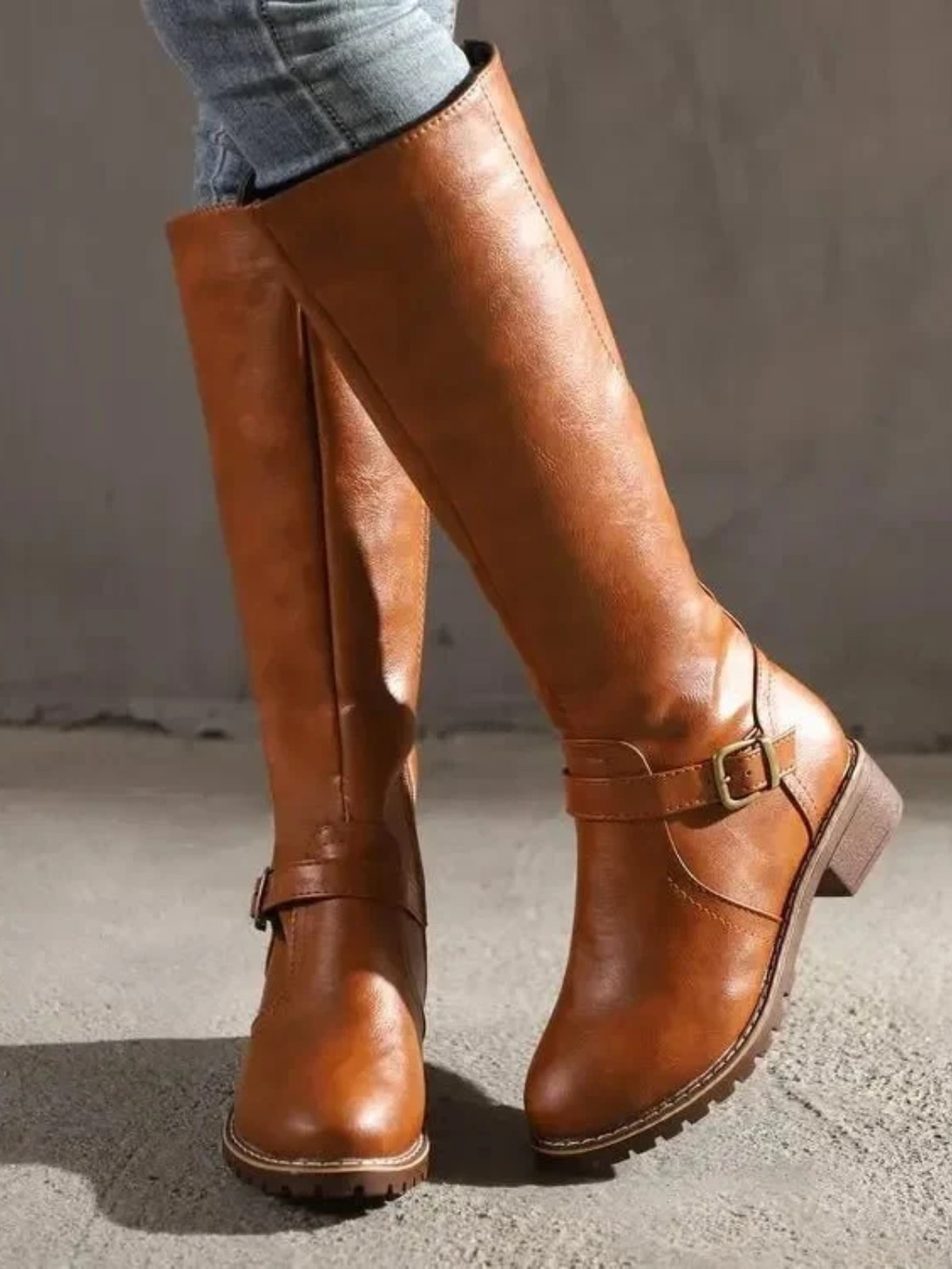 Ivara | Women's Knee-High Boots Faux Leather Buckle Detail Tan