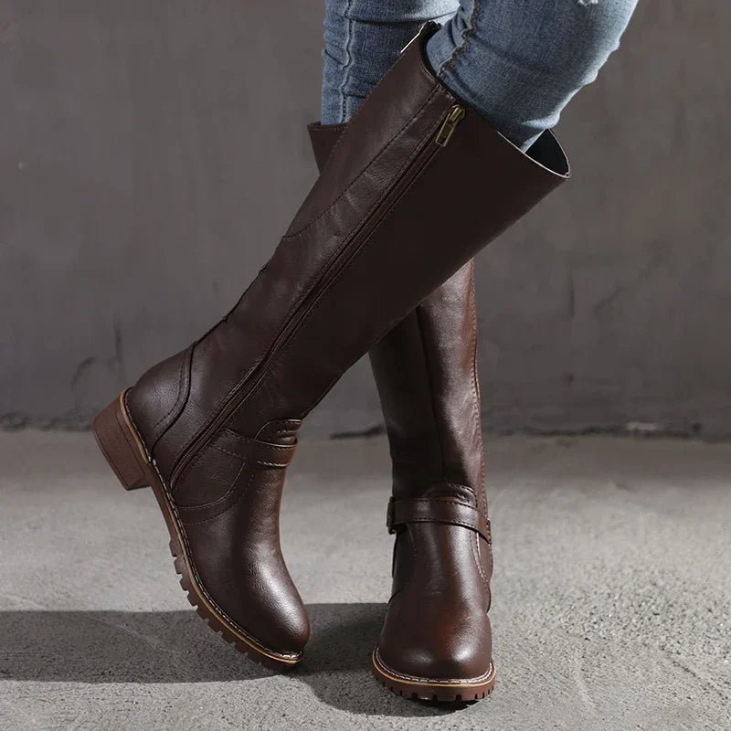 Ivara | Women's Knee-High Boots Faux Leather Buckle Detail Tan
