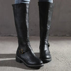 Ivara | Women's Knee-High Boots Faux Leather Buckle Detail Tan