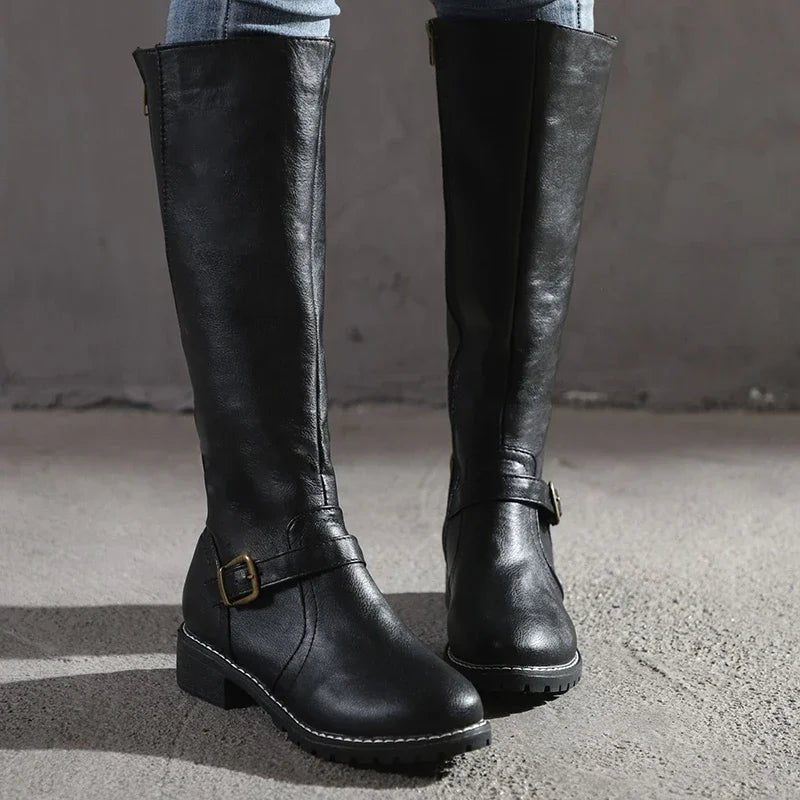 Ivara | Women's Knee-High Boots Faux Leather Buckle Detail Tan