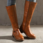 Ivara | Women's Knee-High Boots Faux Leather Buckle Detail Tan