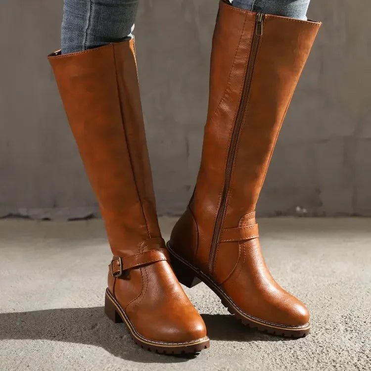 Ivara | Women's Knee-High Boots Faux Leather Buckle Detail Tan