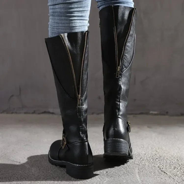 Ivara | Women's Knee-High Boots Faux Leather Buckle Detail Tan
