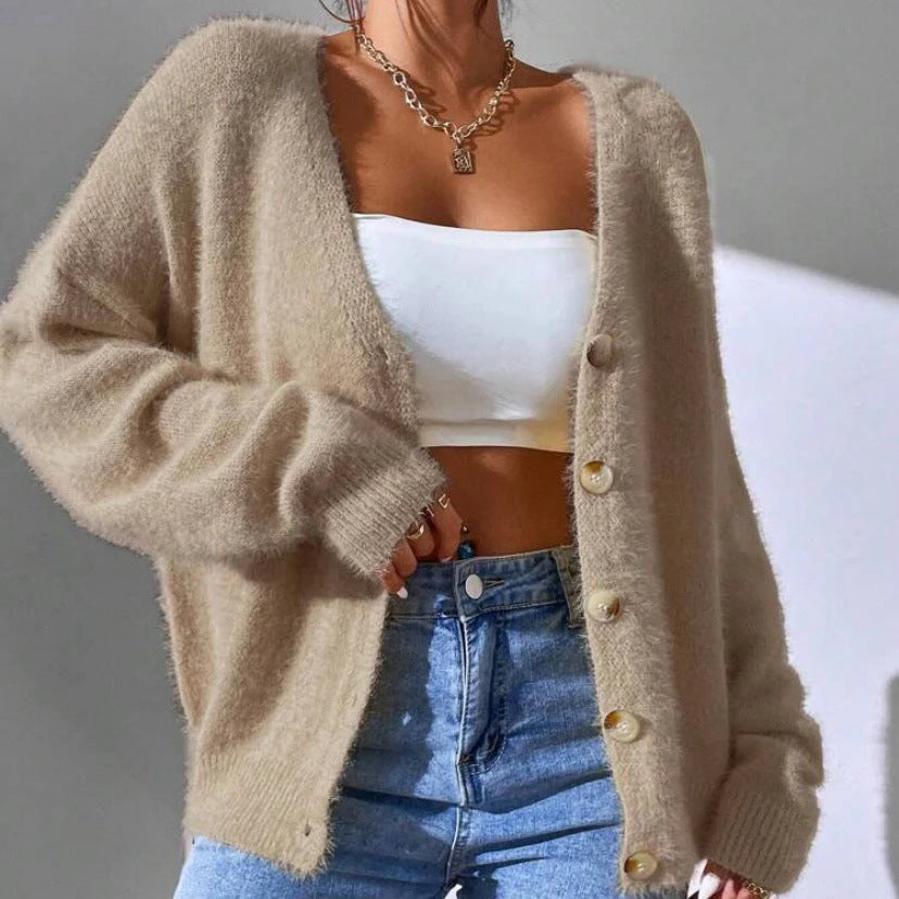 Montclair | Women's Faux Mink Cardigan V-Neck Button