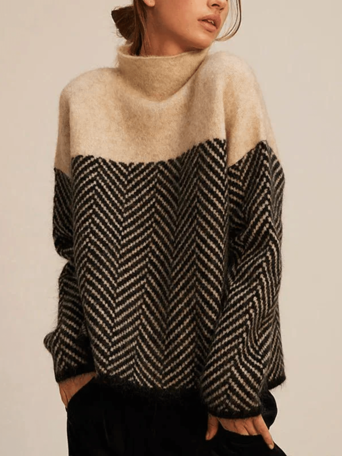 High Neck Knit Sweater – Beige & Black Herringbone Pattern Pullover - GET SOVERAFH110-GS-Beige-S (36)