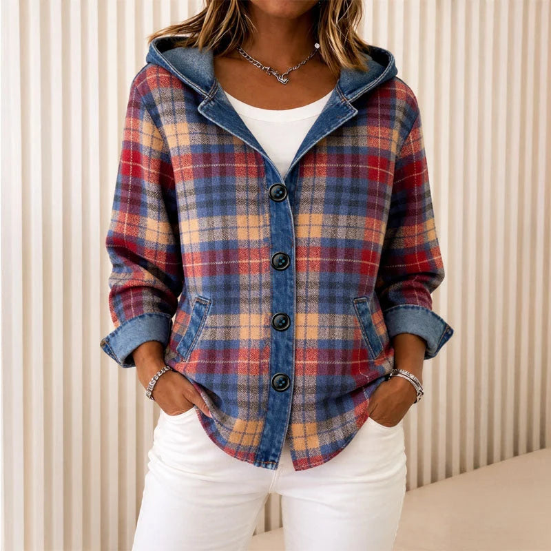 Plaidora | Women's Hooded Plaid Jacket Button-Front Lightweight