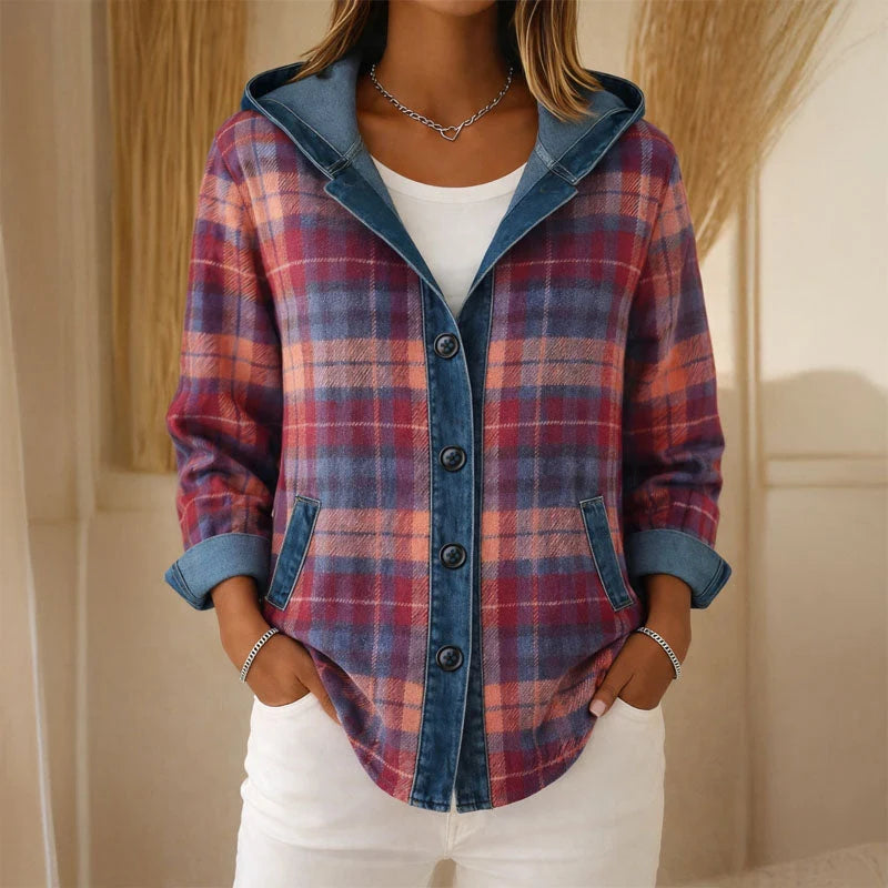 Plaidora | Women's Hooded Plaid Jacket Button-Front Lightweight