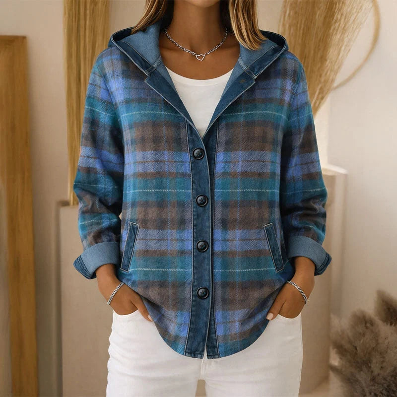 Plaidora | Women's Hooded Plaid Jacket Button-Front Lightweight