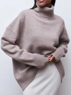 Oversized Turtleneck Jumper for Women – Relaxed Polyester Knit for Everyday Warmth - GET SOVERAHH676-Camel-XS