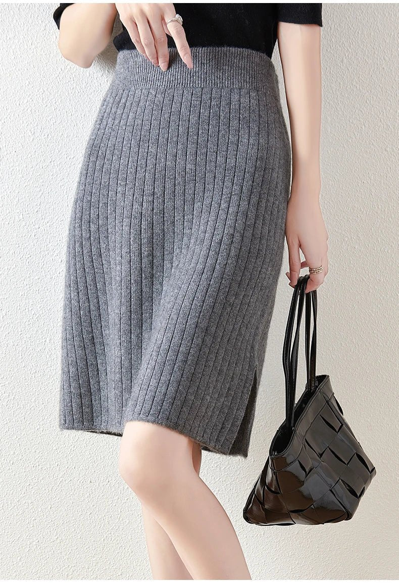 Women’s Merino Wool Ribbed Midi Skirt – Soft Knit Winter Skirt - GET SOVERAHH412-Gray-S