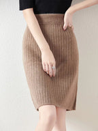 Women’s Merino Wool Ribbed Midi Skirt – Soft Knit Winter Skirt - GET SOVERAHH412-Coffee-S