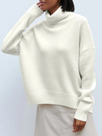 Oversized Turtleneck Jumper for Women – Relaxed Polyester Knit for Everyday Warmth - GET SOVERAHH676-White-XS