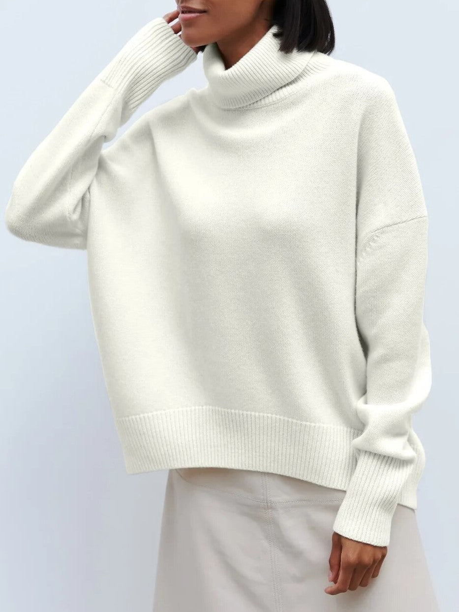 Oversized Turtleneck Jumper for Women – Relaxed Polyester Knit for Everyday Warmth - GET SOVERAHH676-White-XS