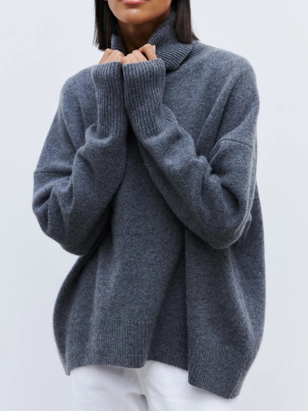 Oversized Turtleneck Jumper for Women – Relaxed Polyester Knit for Everyday Warmth - GET SOVERAHH676-Blue-XS