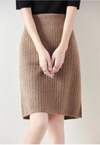 Women’s Merino Wool Ribbed Midi Skirt – Soft Knit Winter Skirt - GET SOVERAHH412-Coffee-S