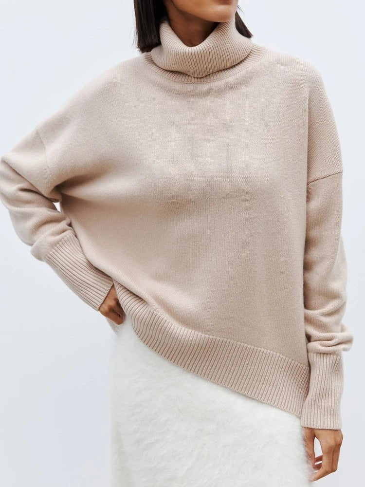 Oversized Turtleneck Jumper for Women – Relaxed Polyester Knit for Everyday Warmth - GET SOVERAHH676-Khaki-XS