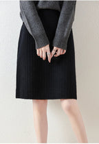 Women’s Merino Wool Ribbed Midi Skirt – Soft Knit Winter Skirt - GET SOVERAHH412-Black-S