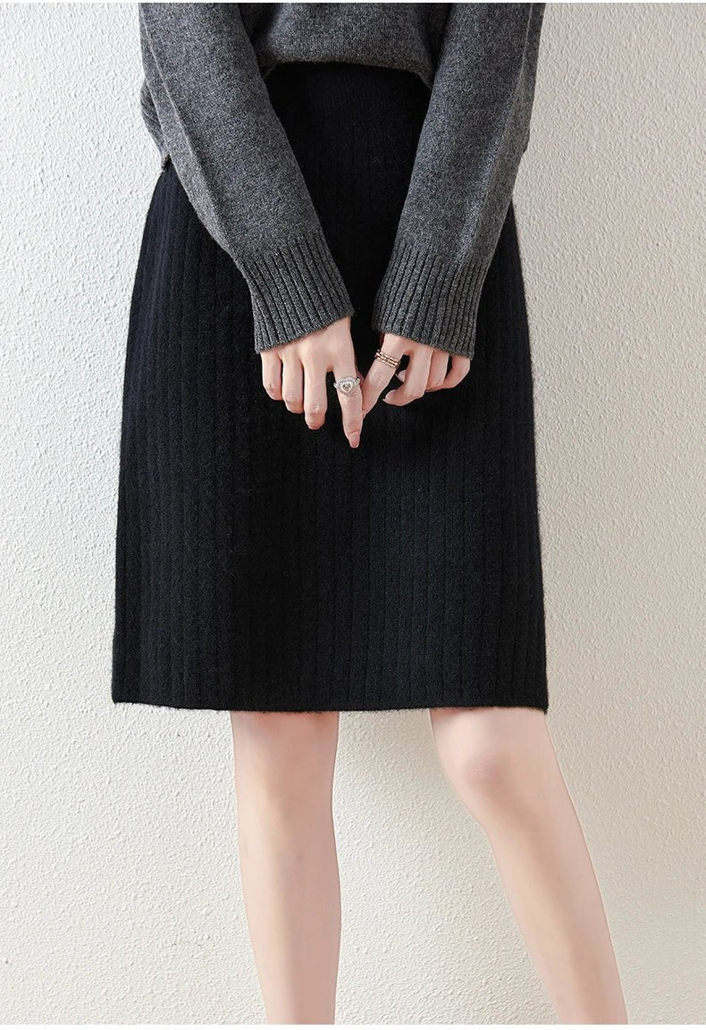 Women’s Merino Wool Ribbed Midi Skirt – Soft Knit Winter Skirt - GET SOVERAHH412-Black-S
