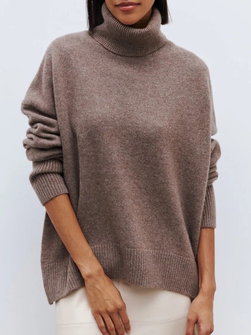 Oversized Turtleneck Jumper for Women – Relaxed Polyester Knit for Everyday Warmth - GET SOVERAHH676-Bark-XS