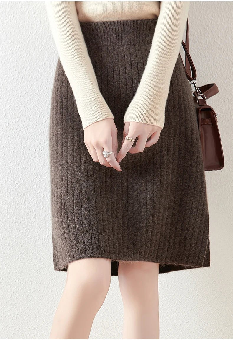 Women’s Merino Wool Ribbed Midi Skirt – Soft Knit Winter Skirt - GET SOVERAHH412-Coffee-S
