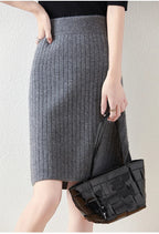 Women’s Merino Wool Ribbed Midi Skirt – Soft Knit Winter Skirt - GET SOVERAHH412-Gray-S