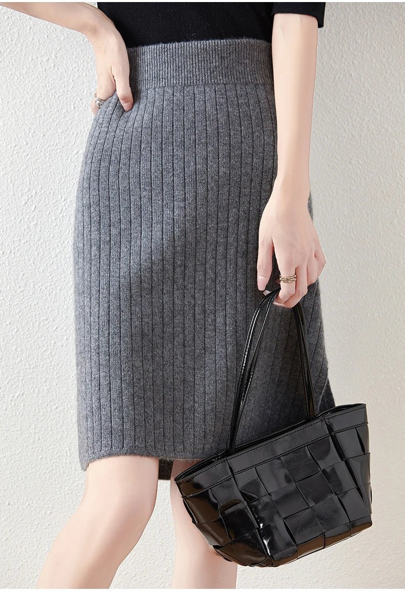 Women’s Merino Wool Ribbed Midi Skirt – Soft Knit Winter Skirt - GET SOVERAHH412-Gray-S