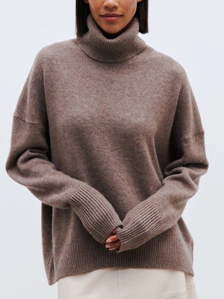 Oversized Turtleneck Jumper for Women – Relaxed Polyester Knit for Everyday Warmth - GET SOVERAHH676-Bark-XS