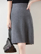 Women’s Merino Wool Ribbed Midi Skirt – Soft Knit Winter Skirt - GET SOVERAHH412-Gray-S