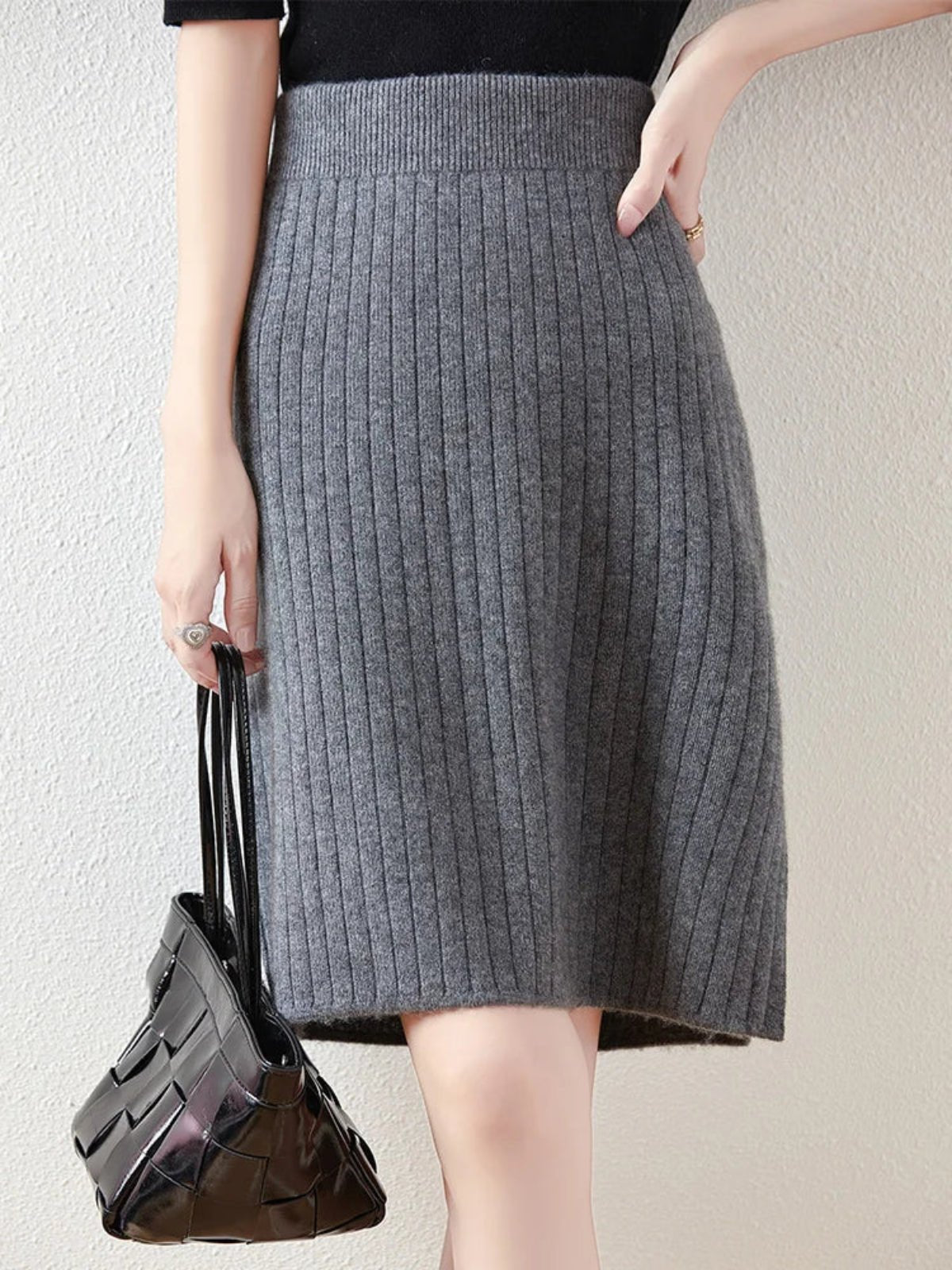 Women’s Merino Wool Ribbed Midi Skirt – Soft Knit Winter Skirt - GET SOVERAHH412-Gray-S