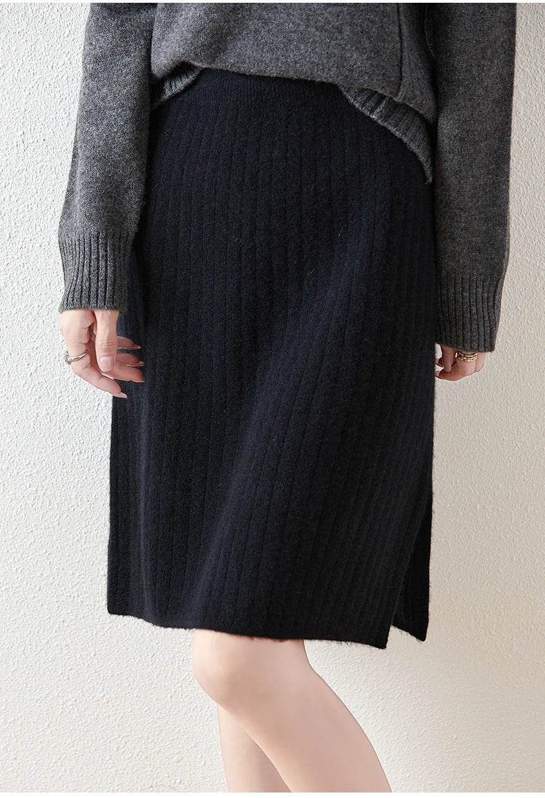 Women’s Merino Wool Ribbed Midi Skirt – Soft Knit Winter Skirt - GET SOVERAHH412-Camel-S