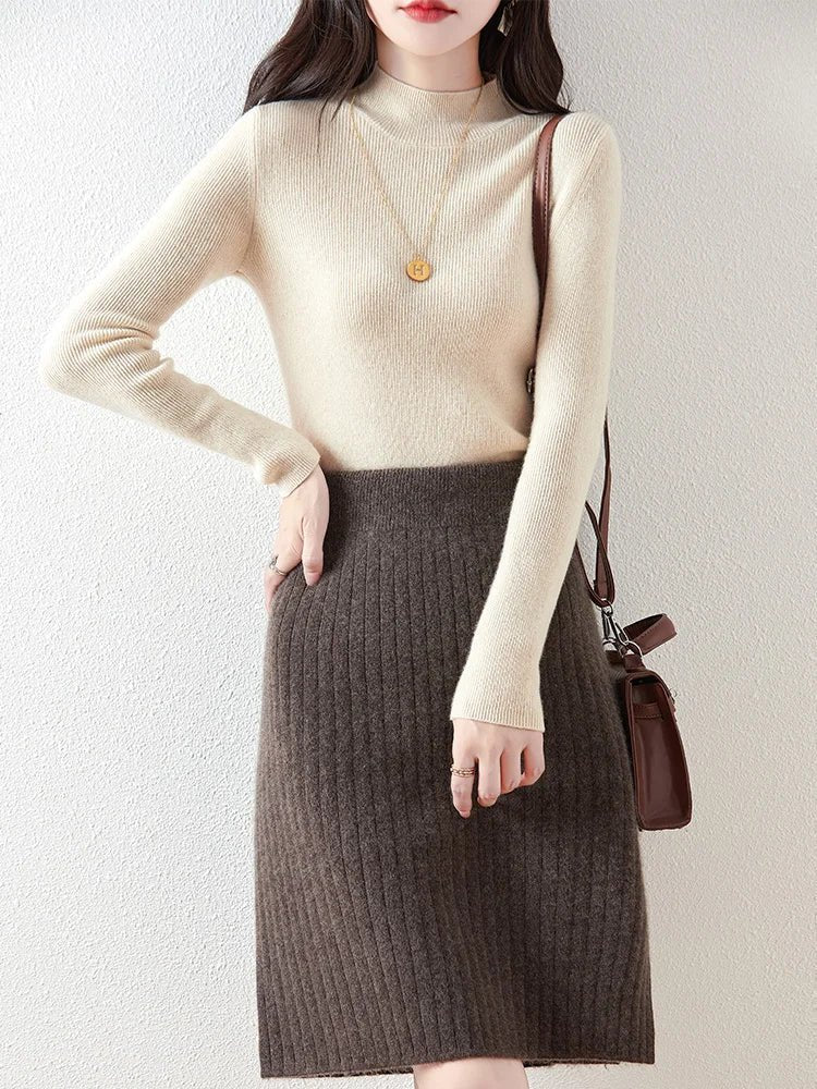 Women’s Merino Wool Ribbed Midi Skirt – Soft Knit Winter Skirt - GET SOVERAHH412-Gray-S