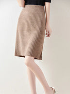 Women’s Merino Wool Ribbed Midi Skirt – Soft Knit Winter Skirt - GET SOVERAHH412-Camel-S