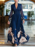 Siania | Women's Floral Maxi Dress V-Neck Bishop Sleeve Wedding Guest