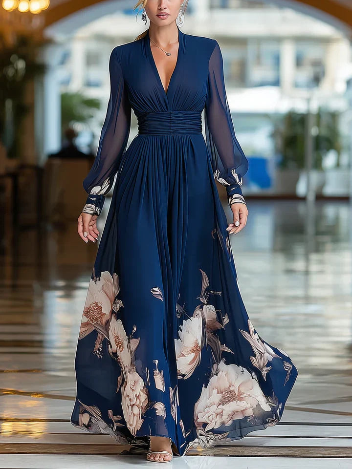 Siania | Women's Floral Maxi Dress V-Neck Bishop Sleeve Wedding Guest