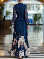 Siania | Women's Floral Maxi Dress V-Neck Bishop Sleeve Wedding Guest