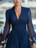 Siania | Women's Floral Maxi Dress V-Neck Bishop Sleeve Wedding Guest