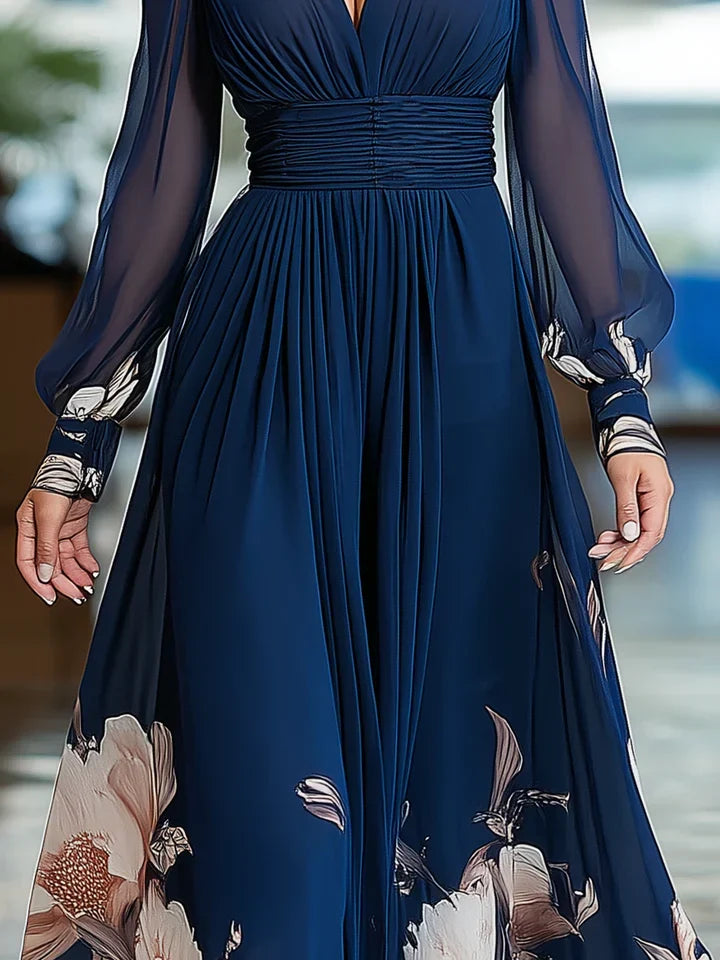 Siania | Women's Floral Maxi Dress V-Neck Bishop Sleeve Wedding Guest