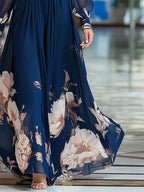 Siania | Women's Floral Maxi Dress V-Neck Bishop Sleeve Wedding Guest