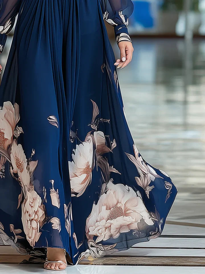 Siania | Women's Floral Maxi Dress V-Neck Bishop Sleeve Wedding Guest