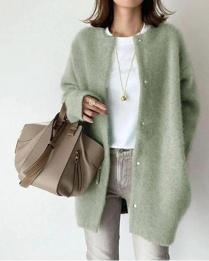 Tessa | Women's Fuzzy Knit Cardigan Round Neck Button-Front