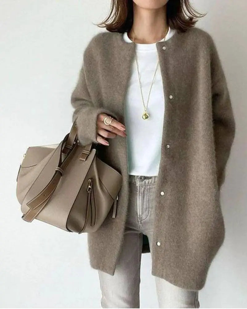 Tessa | Women's Fuzzy Knit Cardigan Round Neck Button-Front
